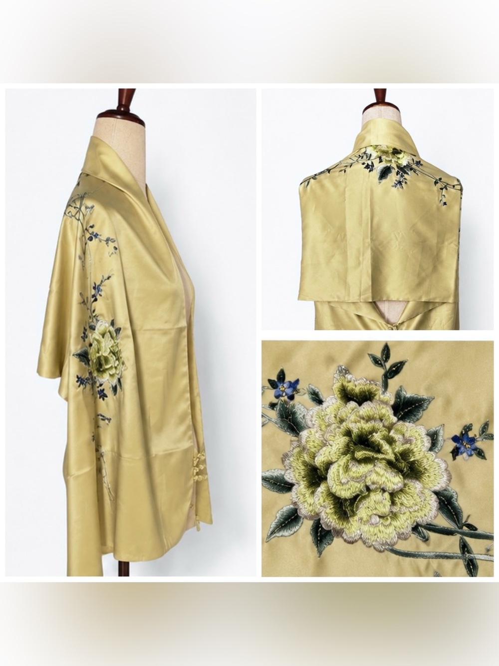 Chinese silk shawl w floral embroidery, Asian ornamental scarf.